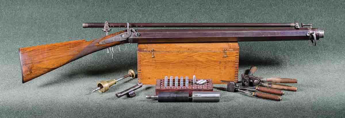 A .42-caliber Carlos Gove muzzleloading match rifle, with Gove telescope and shooting outfit. This rifle was used by Gove in many of his matches, both at 40 rods and long range.